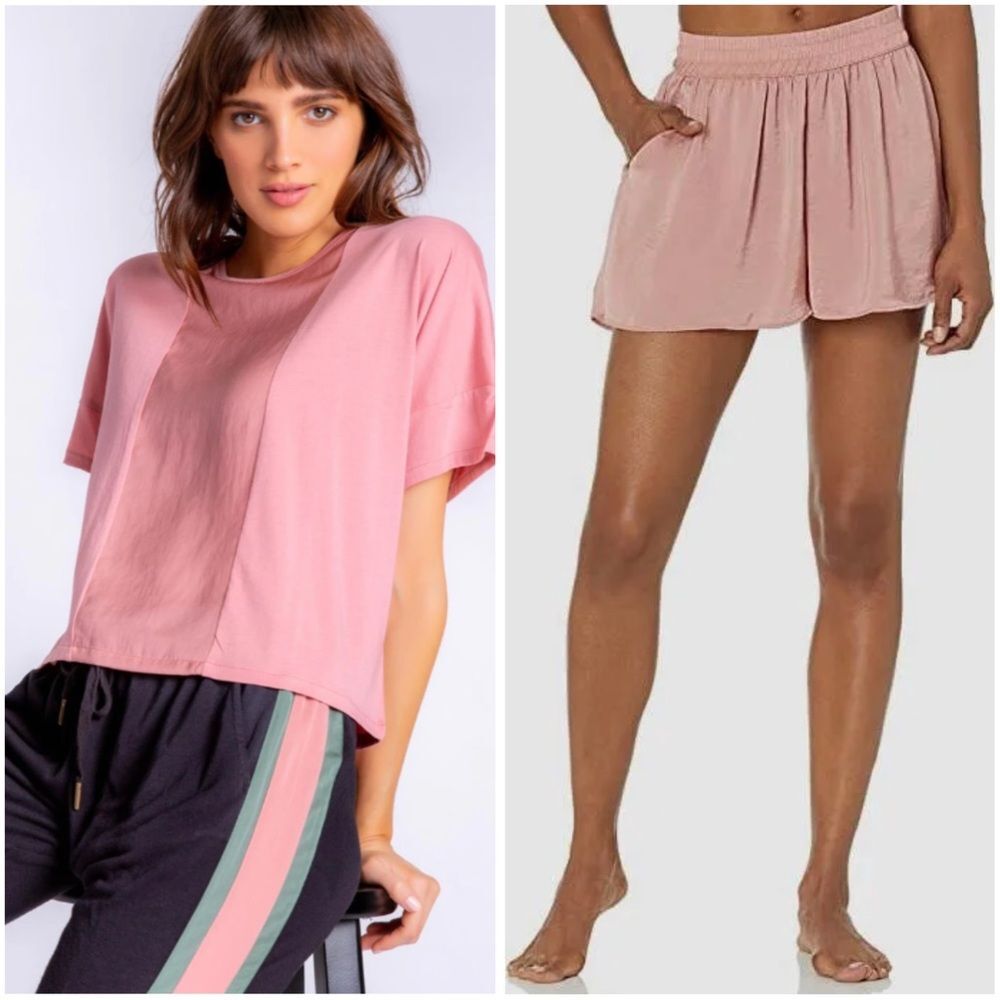 PJ Salvage Rosewood Pink Sister Satin Pajama Lounge Set Top M Shorts L